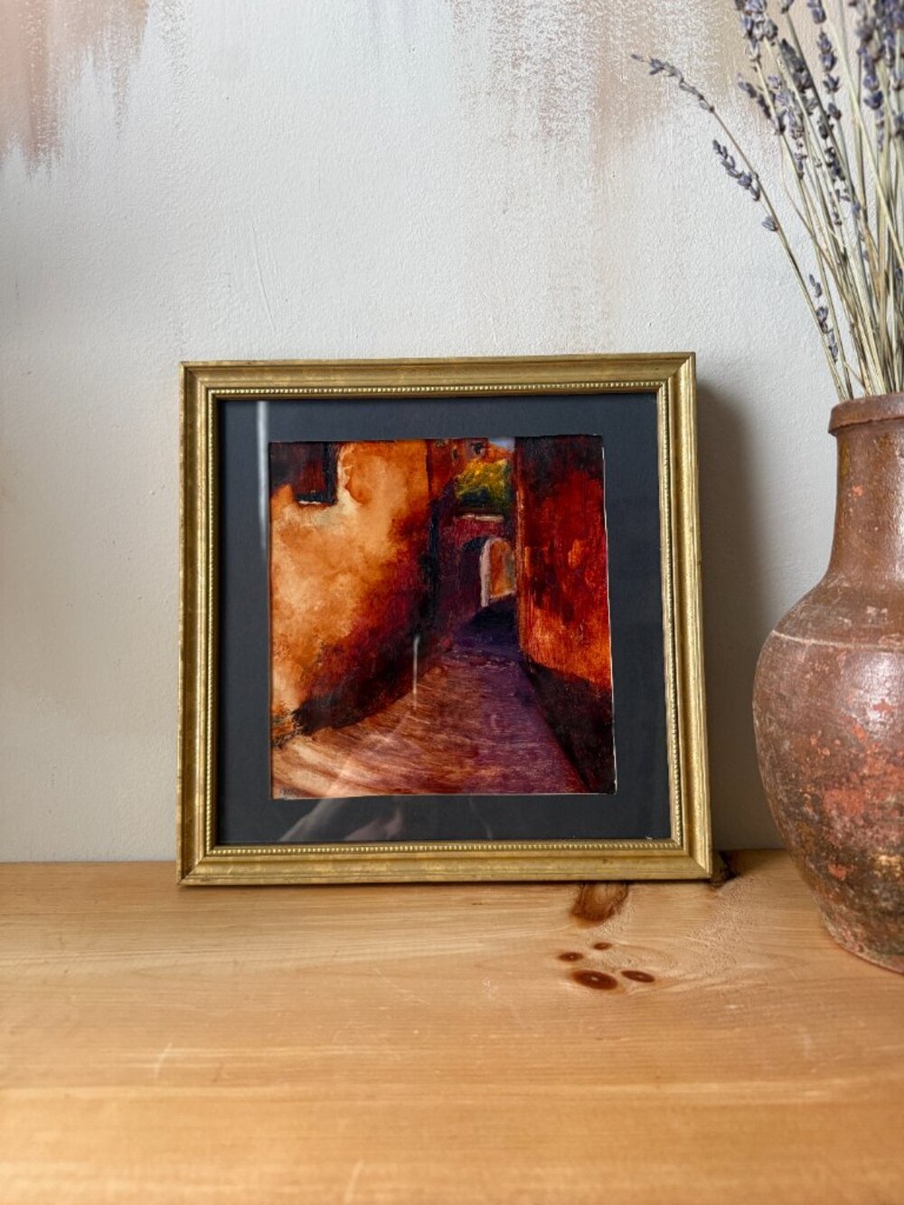 Framed European Alleyway Original Painting | Red Ochre Tuscan Scene 11x11